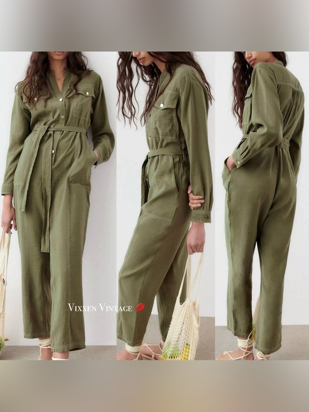 ZARA LONG SLEEVE BELTED UTILITY JUMPSUIT IN OLIVE